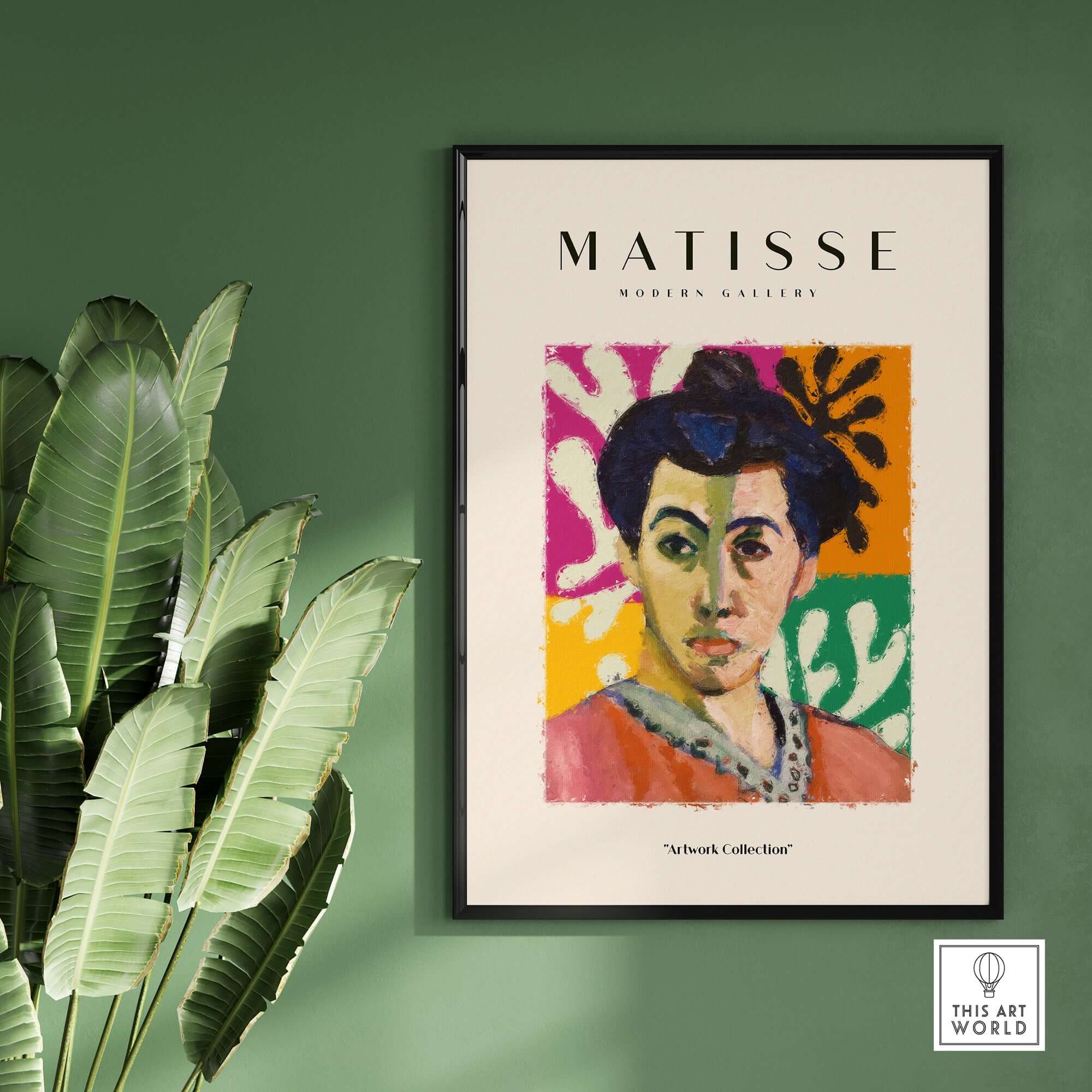 Matisse Art Prints - Abstract Portrait Poster featuring a vibrant portrait of a woman in a modern gallery setting.