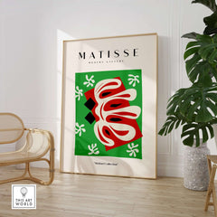 Matisse Art Prints -  Abstract Shape Red Green Poster displayed in a modern gallery setting with plants.