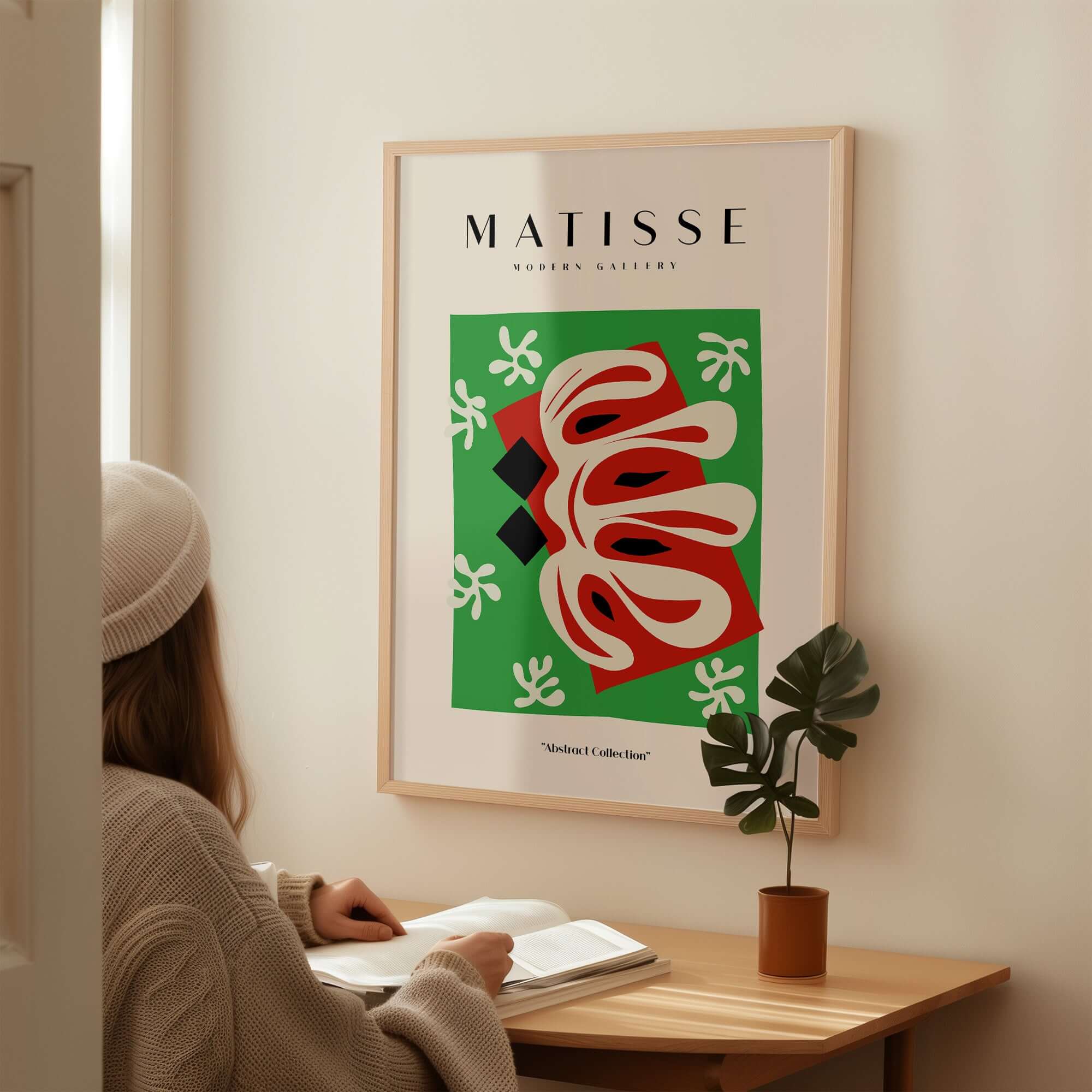 Matisse Art Prints -  Abstract Shape Red Green Poster displayed on wall, featuring bold abstract shapes.