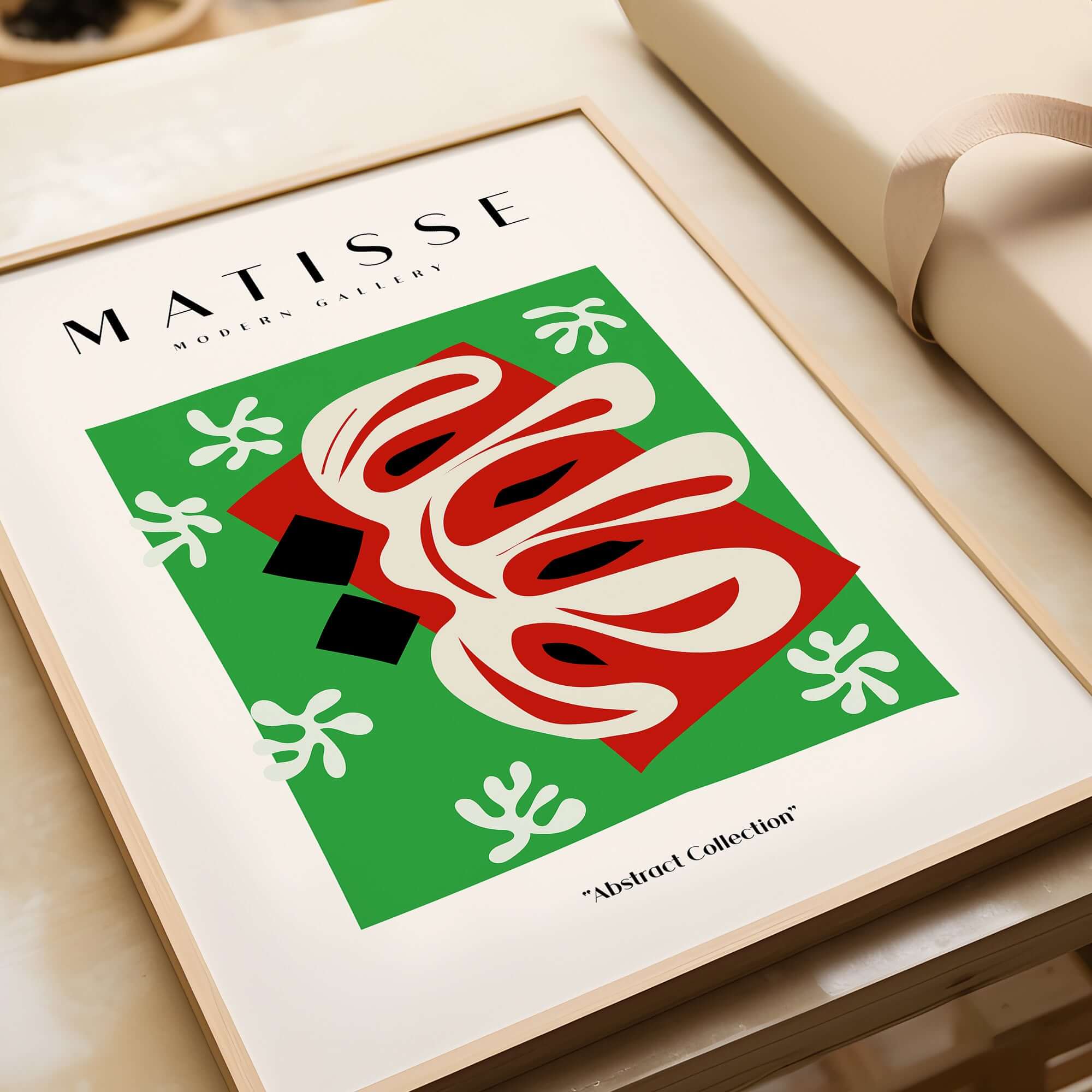 Matisse Art Prints - Abstract Shape Red Green Poster displayed in a modern frame with vibrant colors and graphic design.