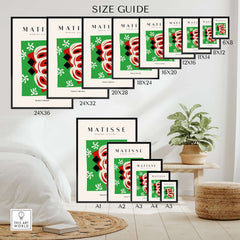Matisse Art Prints -  Abstract Shape Red Green Poster size guide showing various dimensions on a stylish wall.