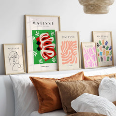 Matisse Art Prints - Abstract Shape Red Green Poster displayed alongside other Matisse prints on a modern wall decor.