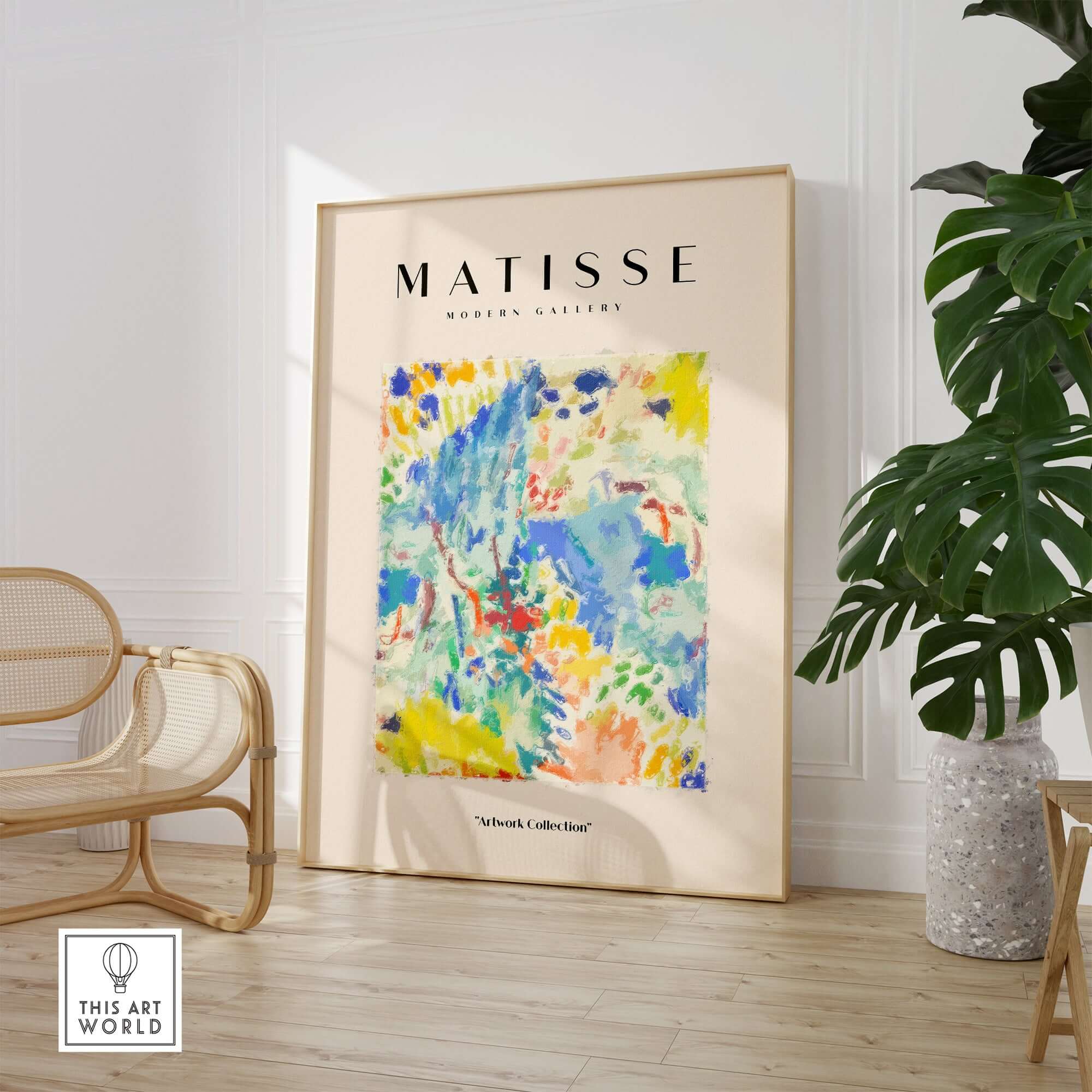 Matisse Art Prints - Abstract Vibrant Landscape Painterly Poster displayed in a stylish gallery setting with plants.