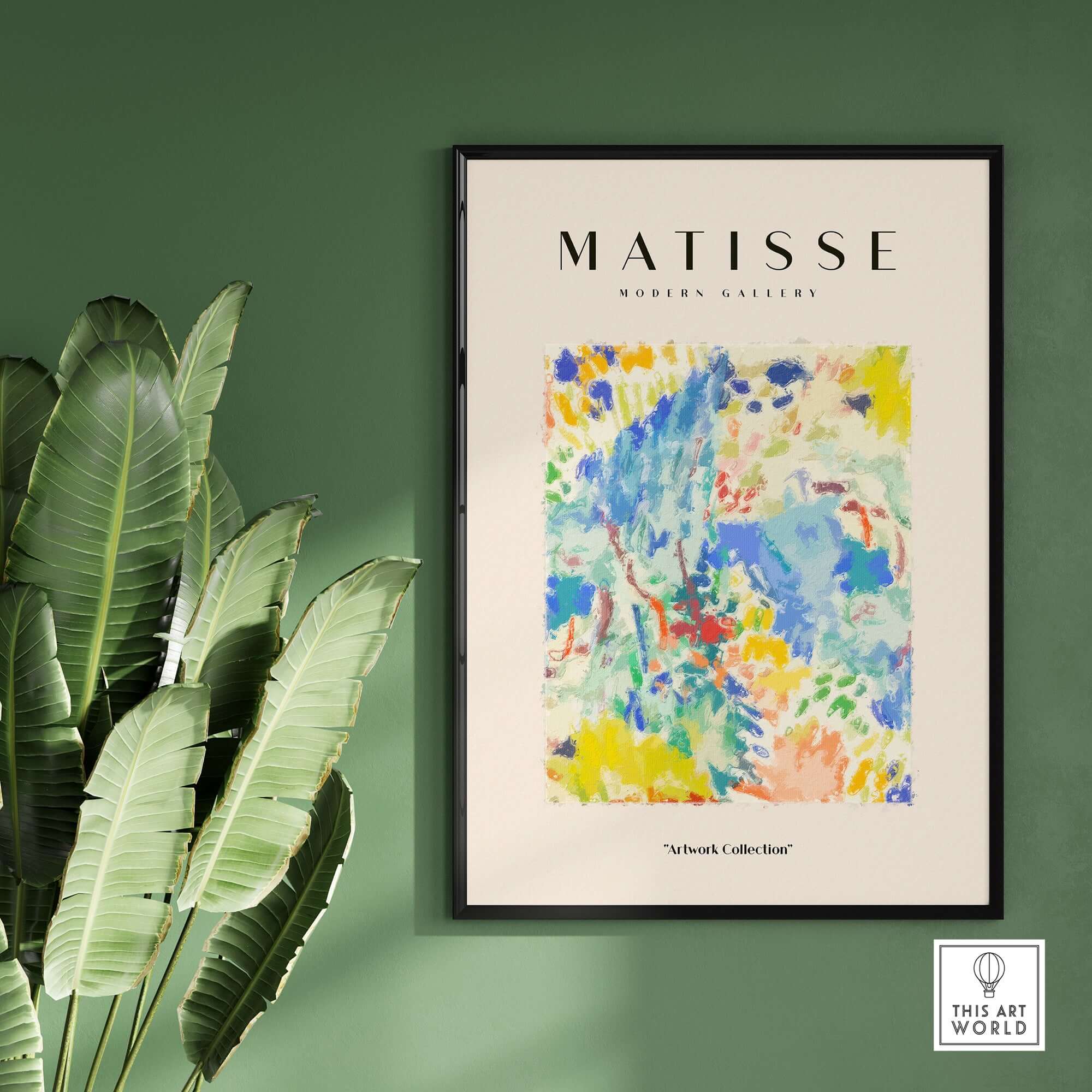 Matisse Art Prints - Abstract Vibrant Landscape Painterly Poster displayed in modern gallery setting with lush greenery.