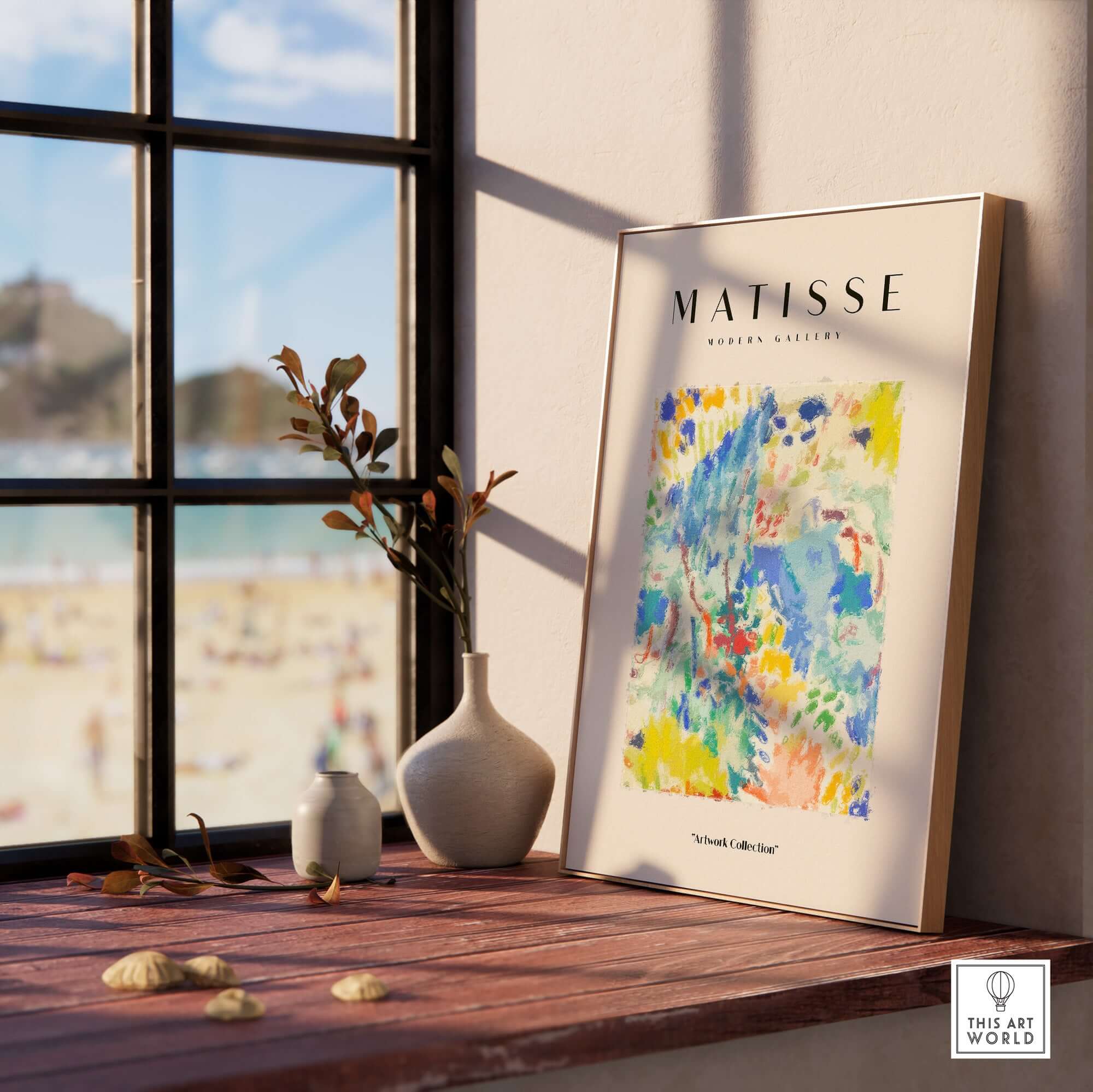 Matisse Art Prints - Abstract Vibrant Landscape Painterly Poster displayed on a wooden table with a scenic view.