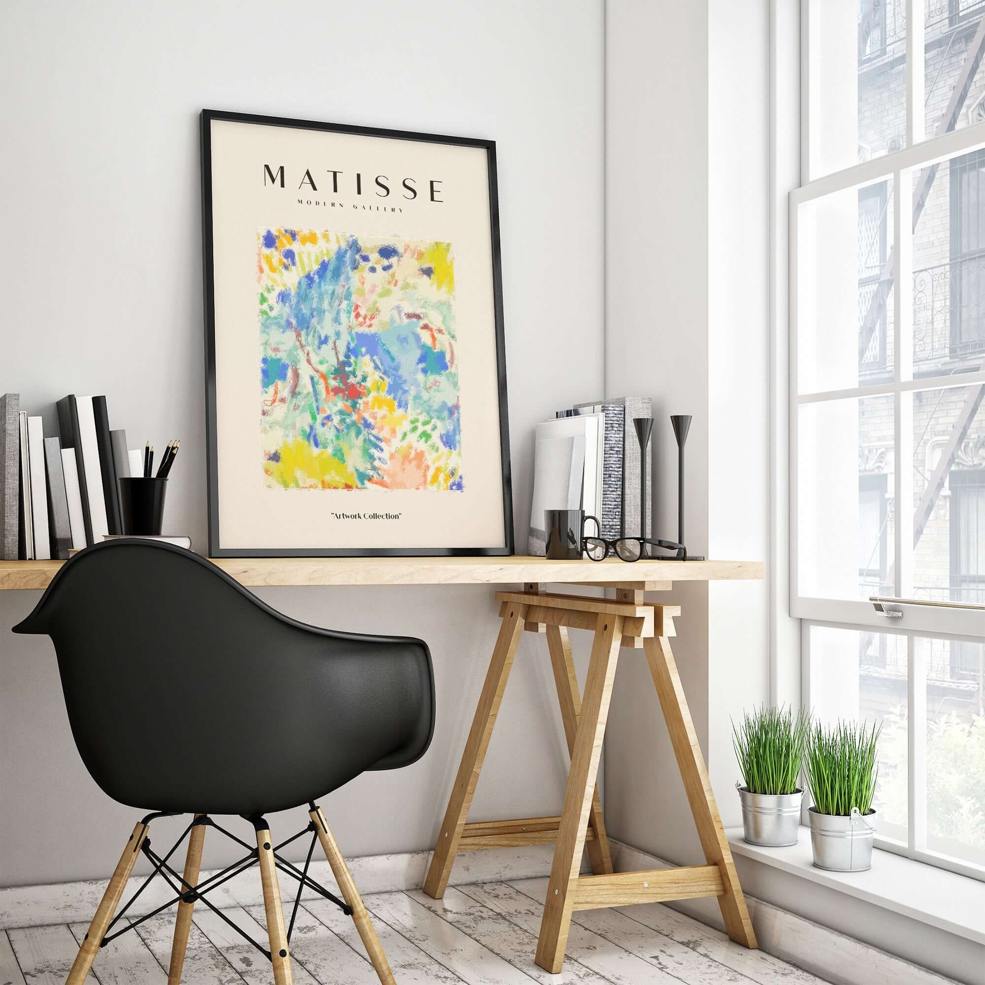 Matisse Art Prints - Abstract Vibrant Landscape Painterly Poster displayed in a modern office setting.