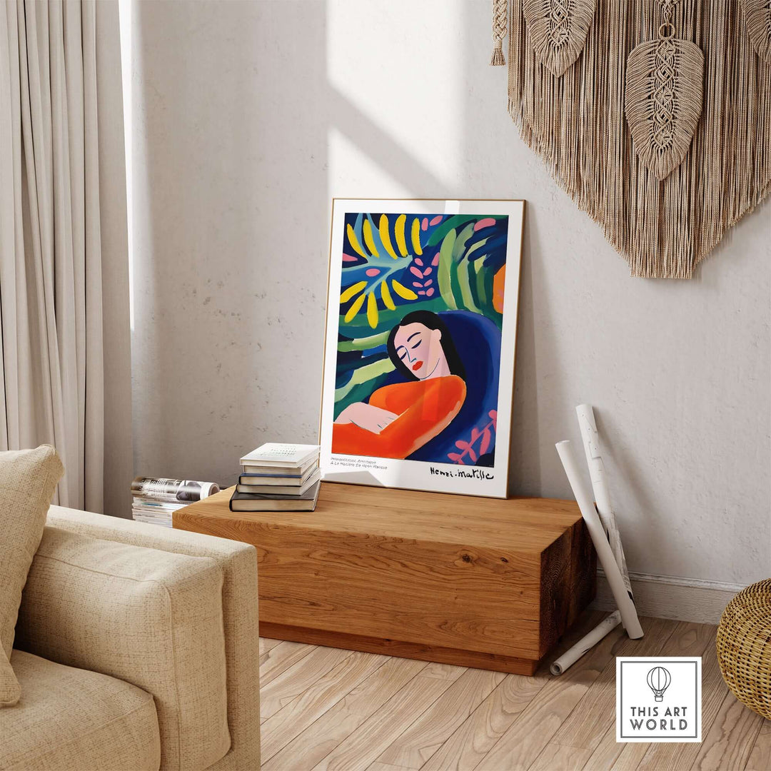 Matisse-inspired art print of a resting woman in vibrant colors surrounded by abstract foliage.