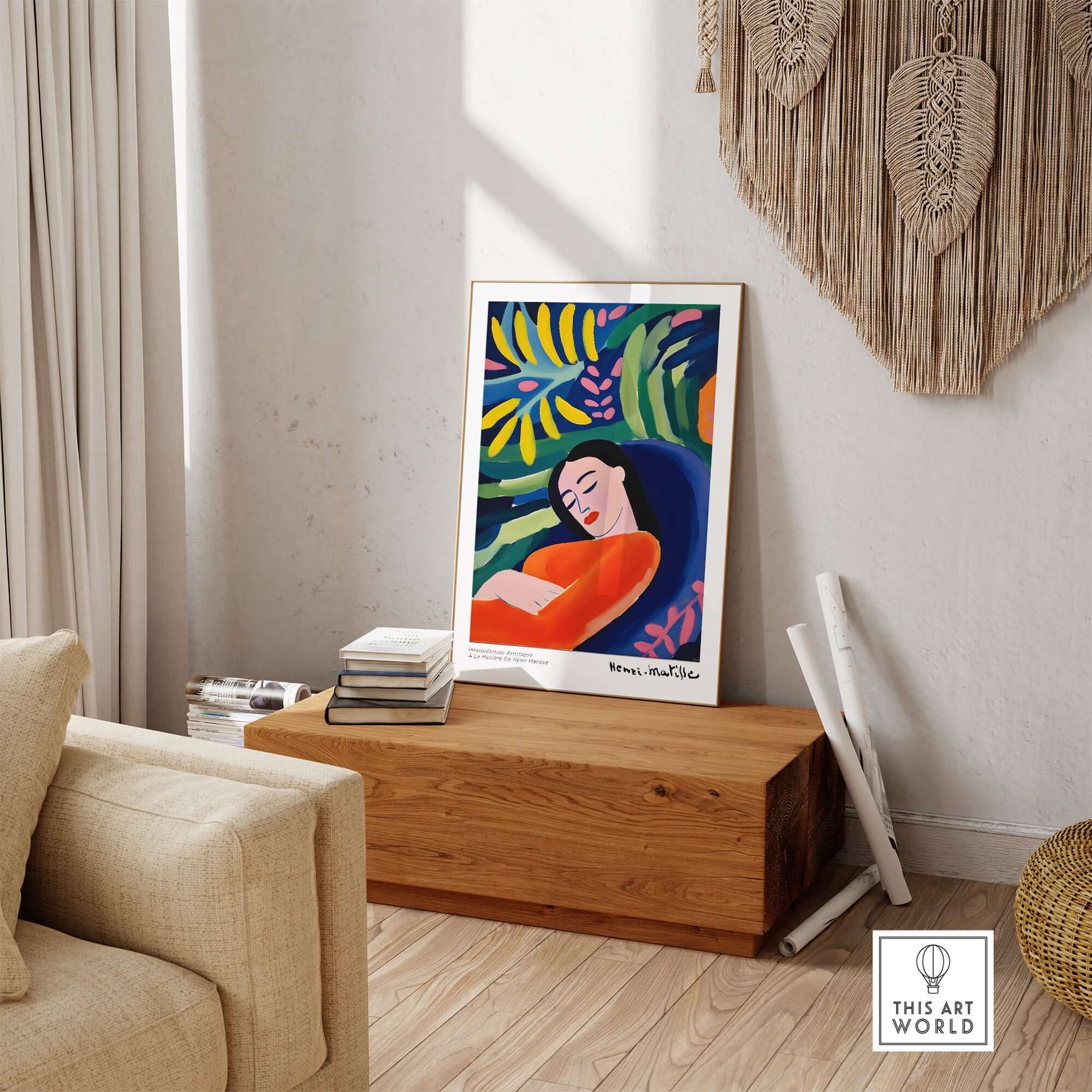 Matisse Art Prints - Abstract Woman in Foliage Poster displayed in a modern living room setting on a wooden table.