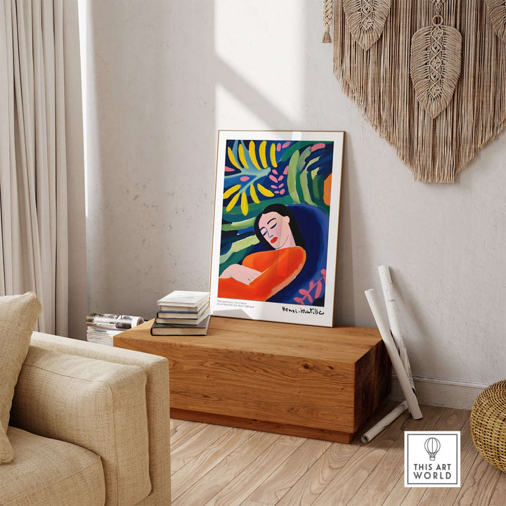 Matisse-inspired art print of a resting woman in vibrant colors surrounded by abstract foliage.