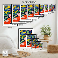 Matisse Art Prints - Abstract Woman in Foliage Poster size guide showing various dimensions for wall art.