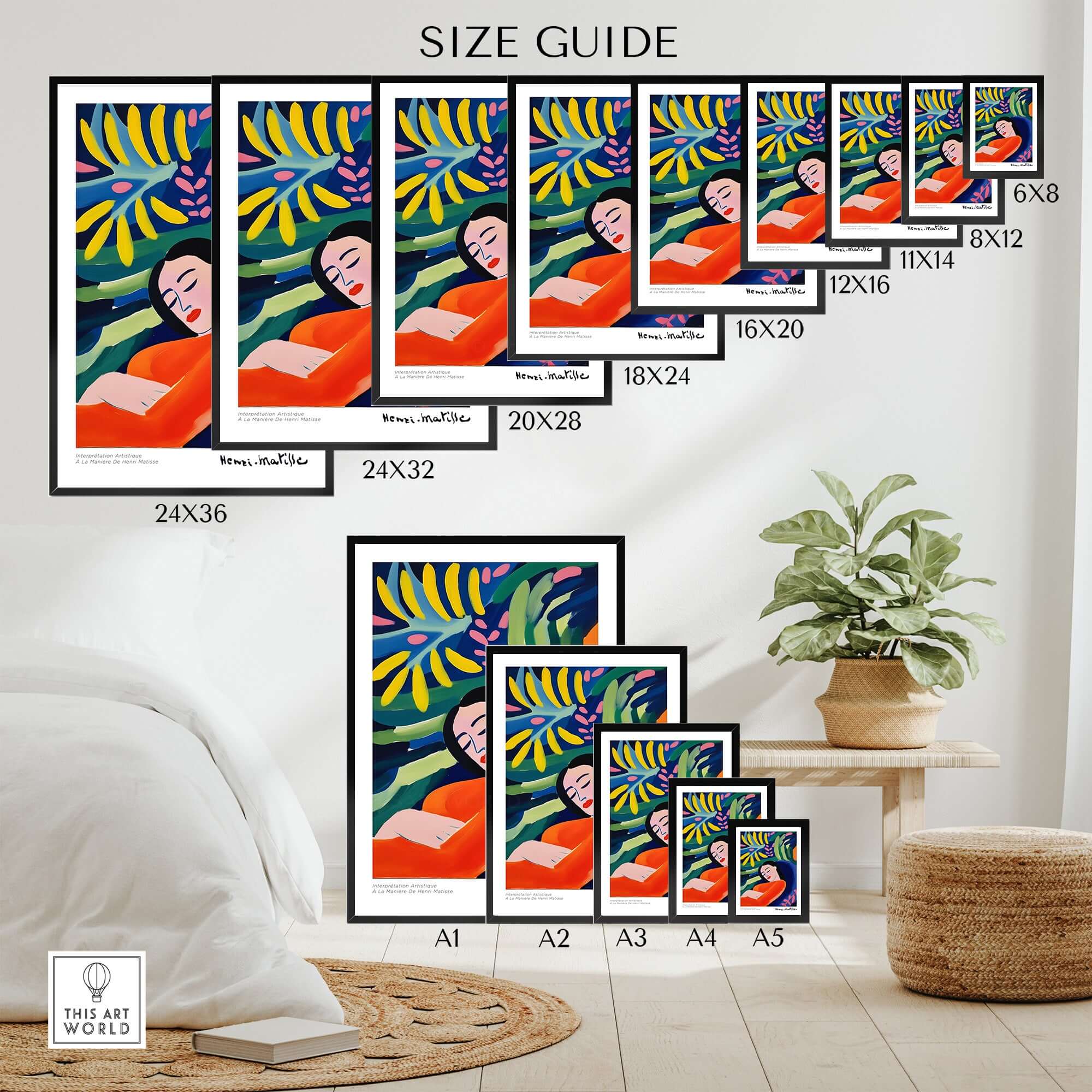 Matisse Art Prints - Abstract Woman in Foliage Poster size guide showing various dimensions for wall art.