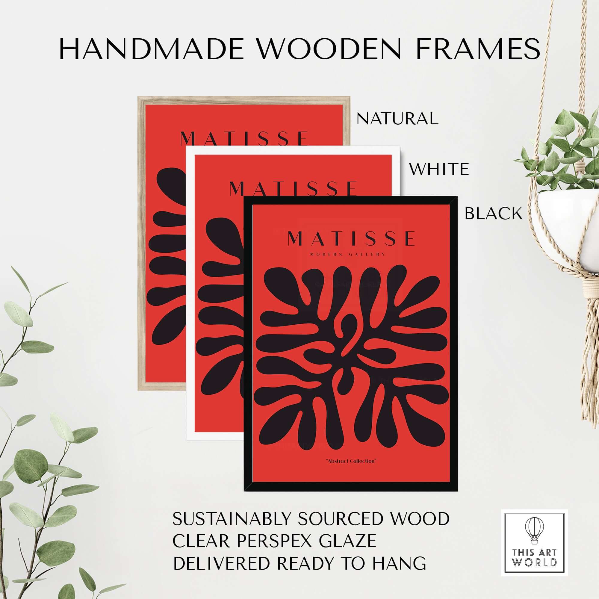 Matisse Art Prints - Black Abstract Coral Shape Red Poster displayed in handmade wooden frames: natural, white, and black.