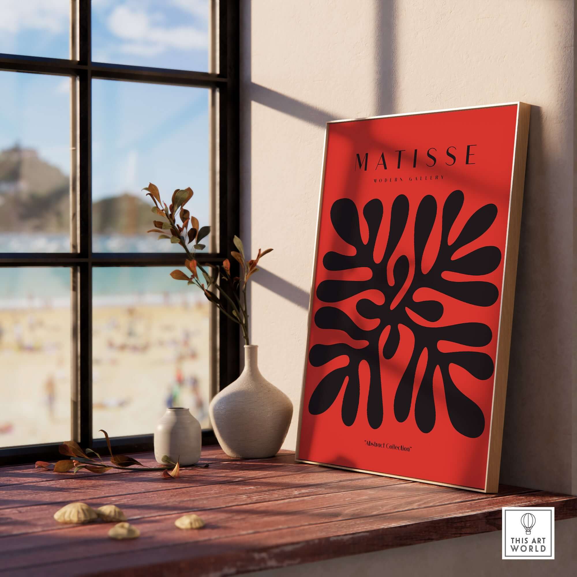 Matisse Art Prints -  Black Abstract Coral Shape Red Poster displayed by a window with a beach view.