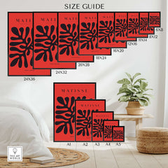 Matisse Art Prints -  Black Abstract Coral Shape Red Poster size guide showcasing various print sizes.