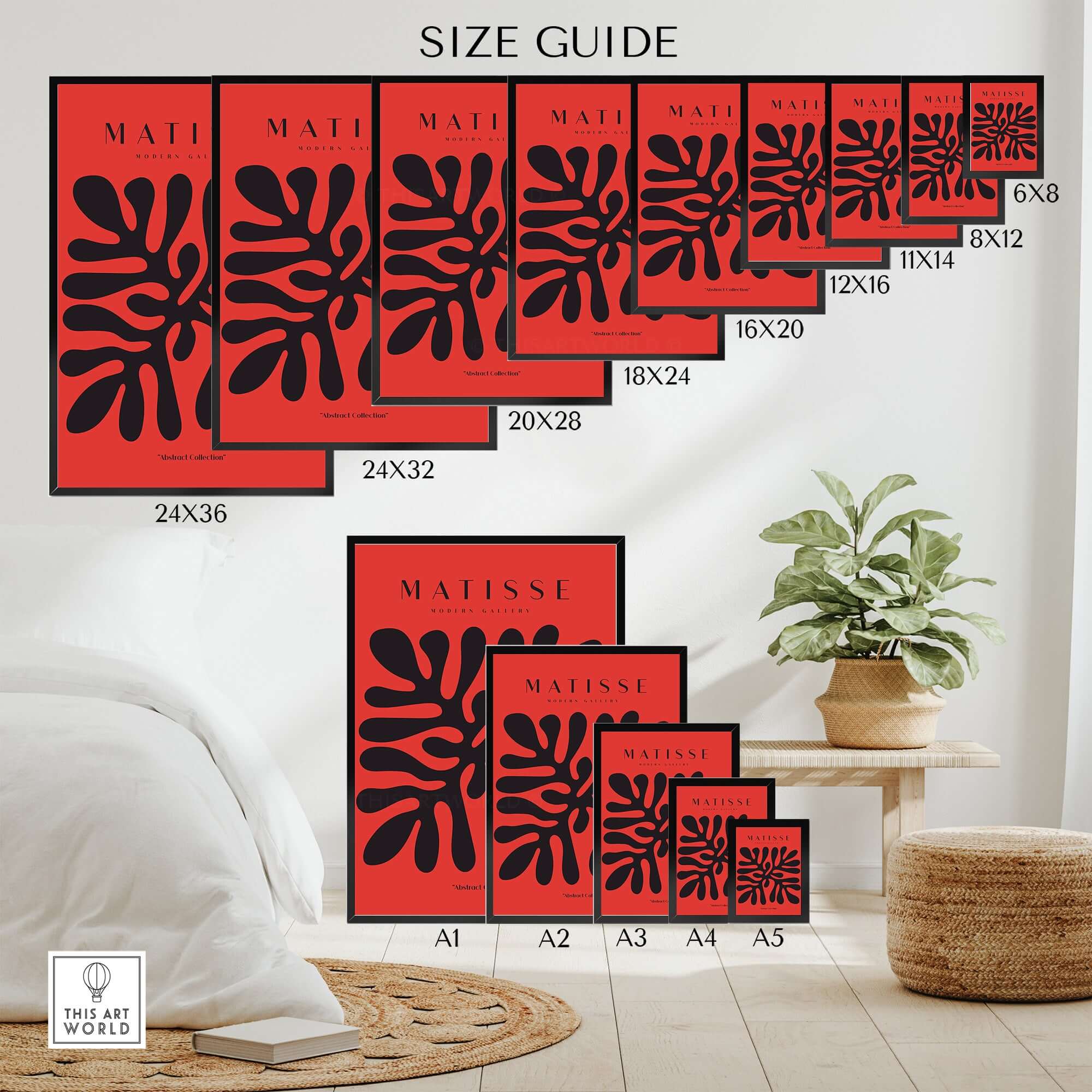 Matisse Art Prints -  Black Abstract Coral Shape Red Poster size guide showcasing various print sizes.