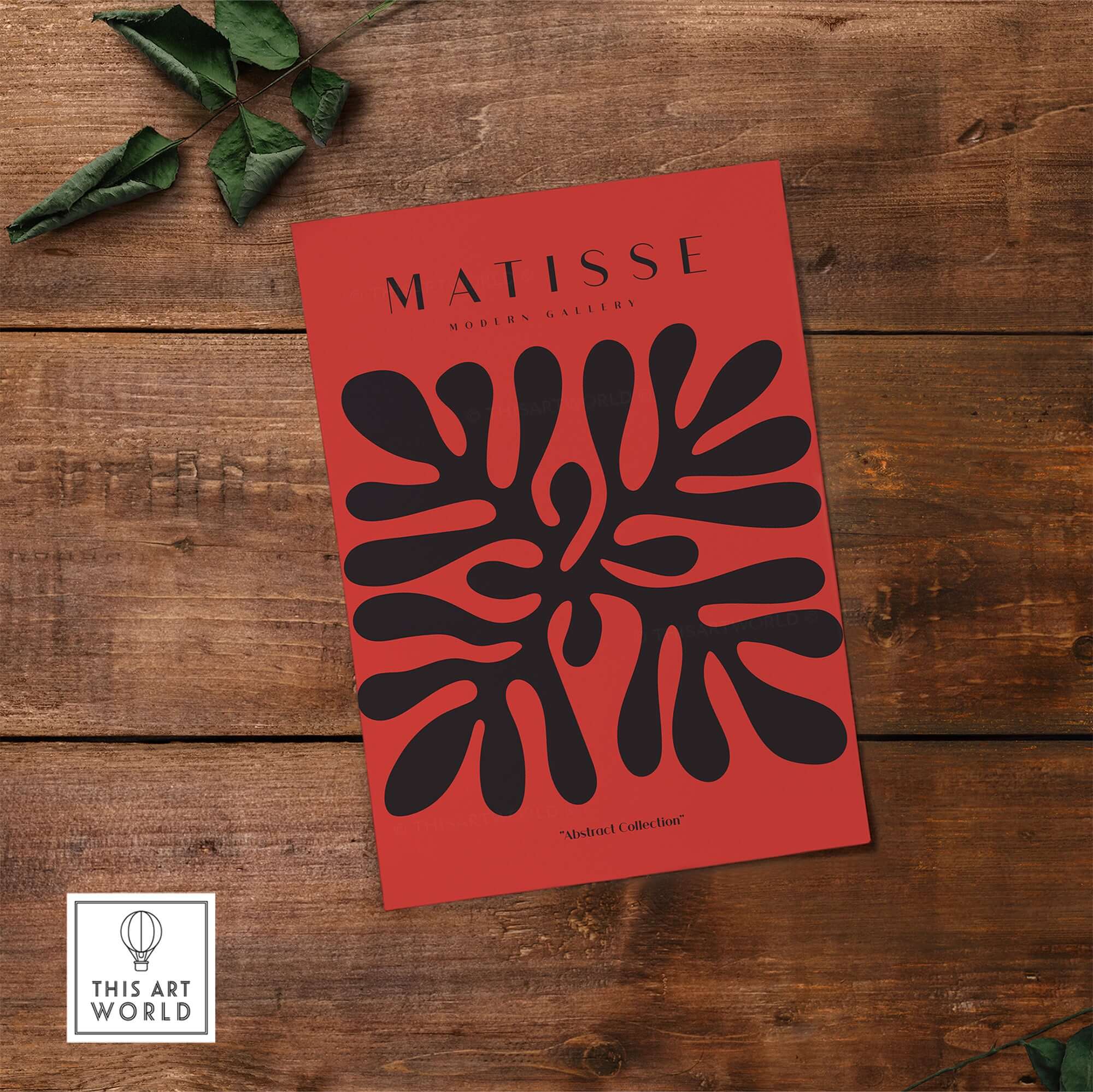 Matisse Art Prints -  Black Abstract Coral Shape Red Poster displayed on wooden background with black abstract shapes.