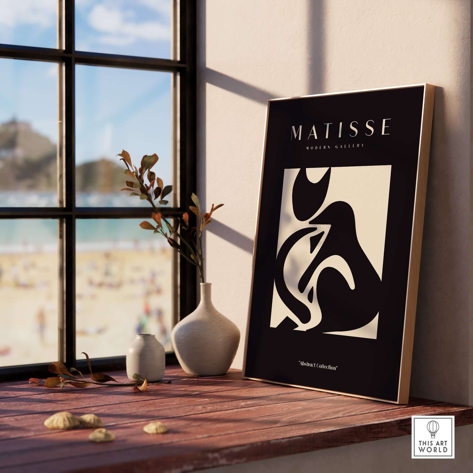 Matisse Art Prints - Black Beige Abstract Composition Poster displayed in a stylish interior with a beach view.