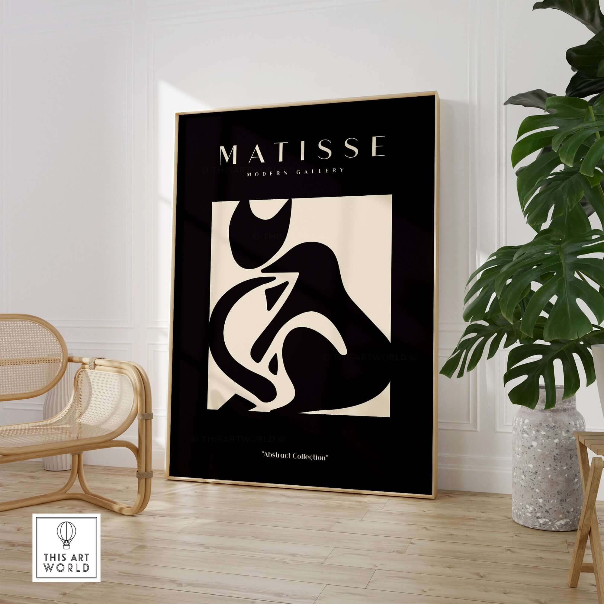 Matisse Art Prints - Black Beige Abstract Composition Poster showcased in a modern interior setting with stylish decor.