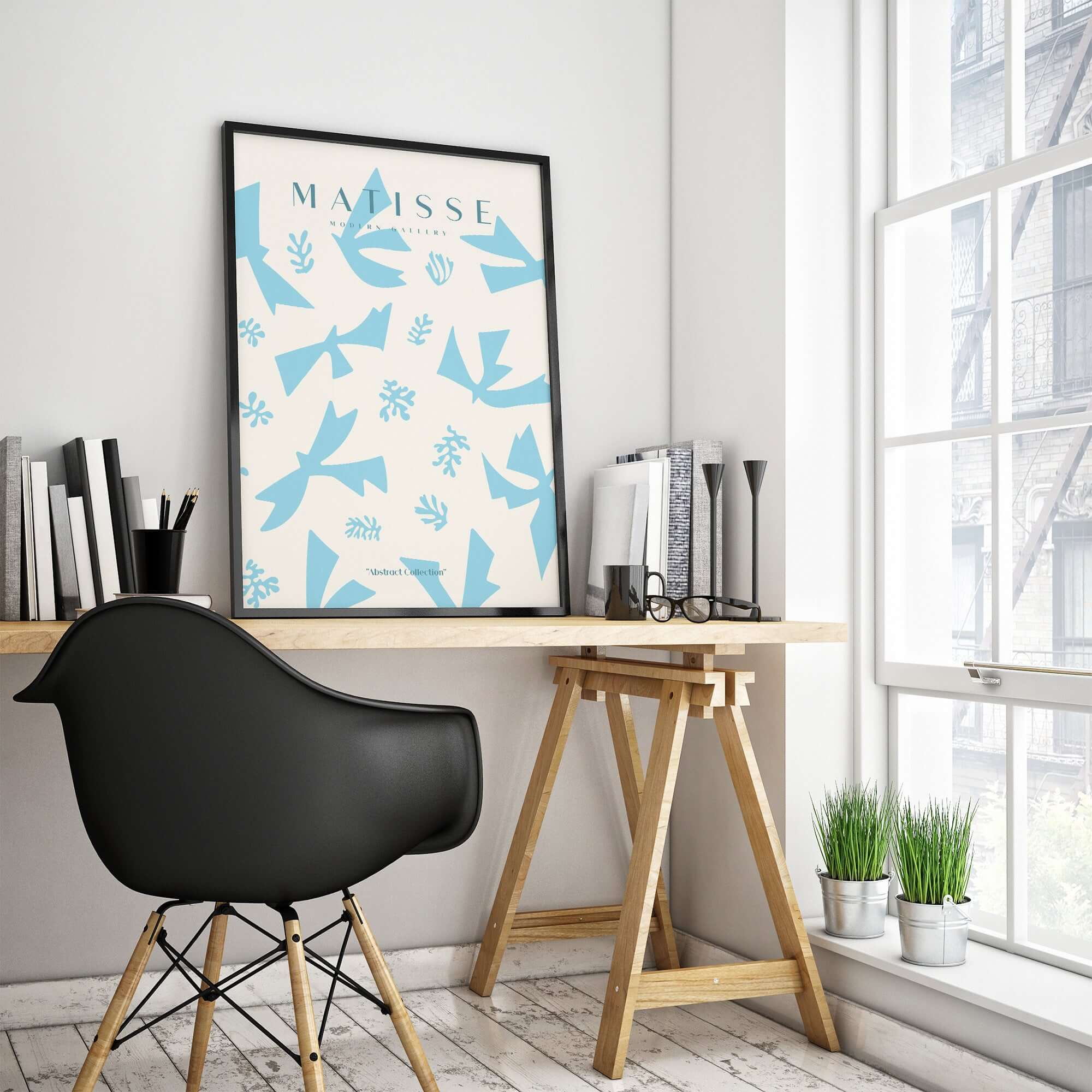 Matisse Art Prints -Blue Abstract Birds Botanical Pattern Poster displayed in a stylish interior workspace.