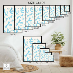 Matisse Art Prints -Blue Abstract Birds Botanical Pattern Poster size guide with various frame sizes displayed.