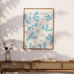 Matisse Art Prints -Blue Abstract Birds Botanical Pattern Poster displayed in a stylish interior setting.