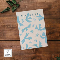 Matisse Art Prints -Blue Abstract Birds Botanical Pattern Poster featuring light blue abstract birds and botanical motifs.