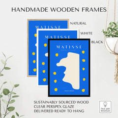 Matisse Art Prints - Blue Abstract Profile with Yellow Dots Poster displayed in handmade wooden frames.