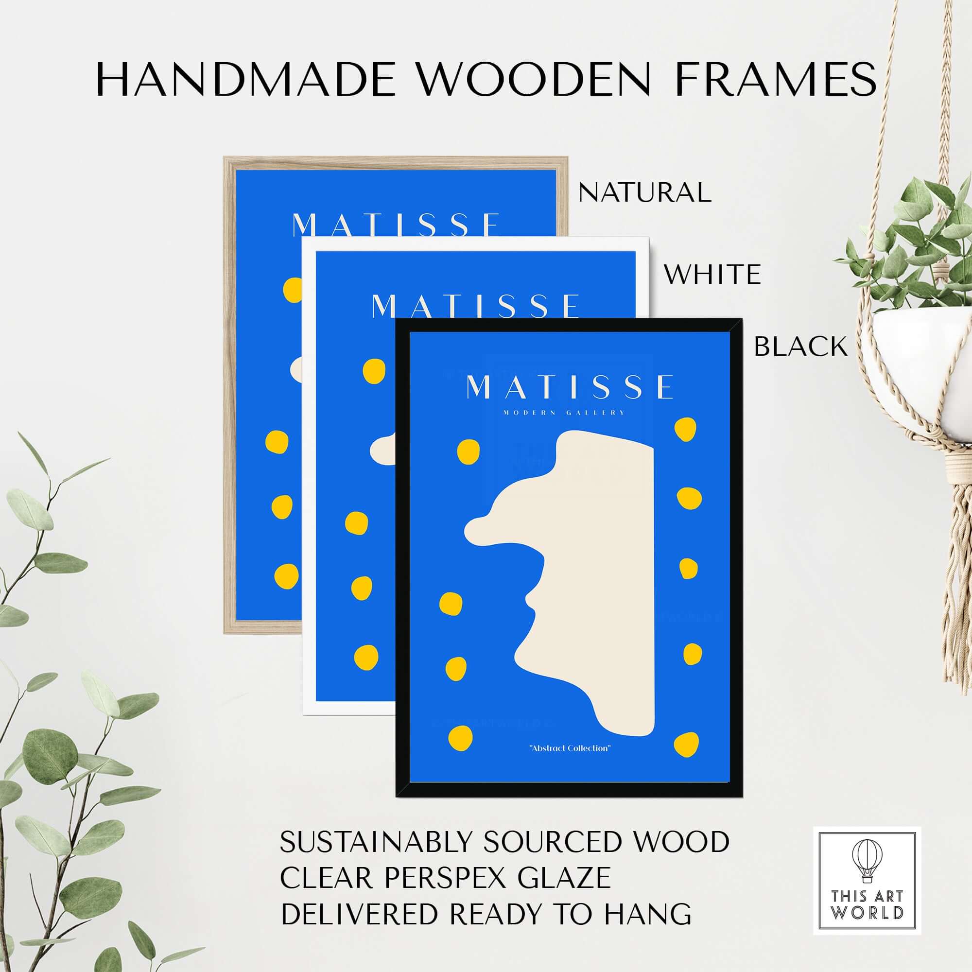 Matisse Art Prints - Blue Abstract Profile with Yellow Dots Poster displayed in handmade wooden frames.