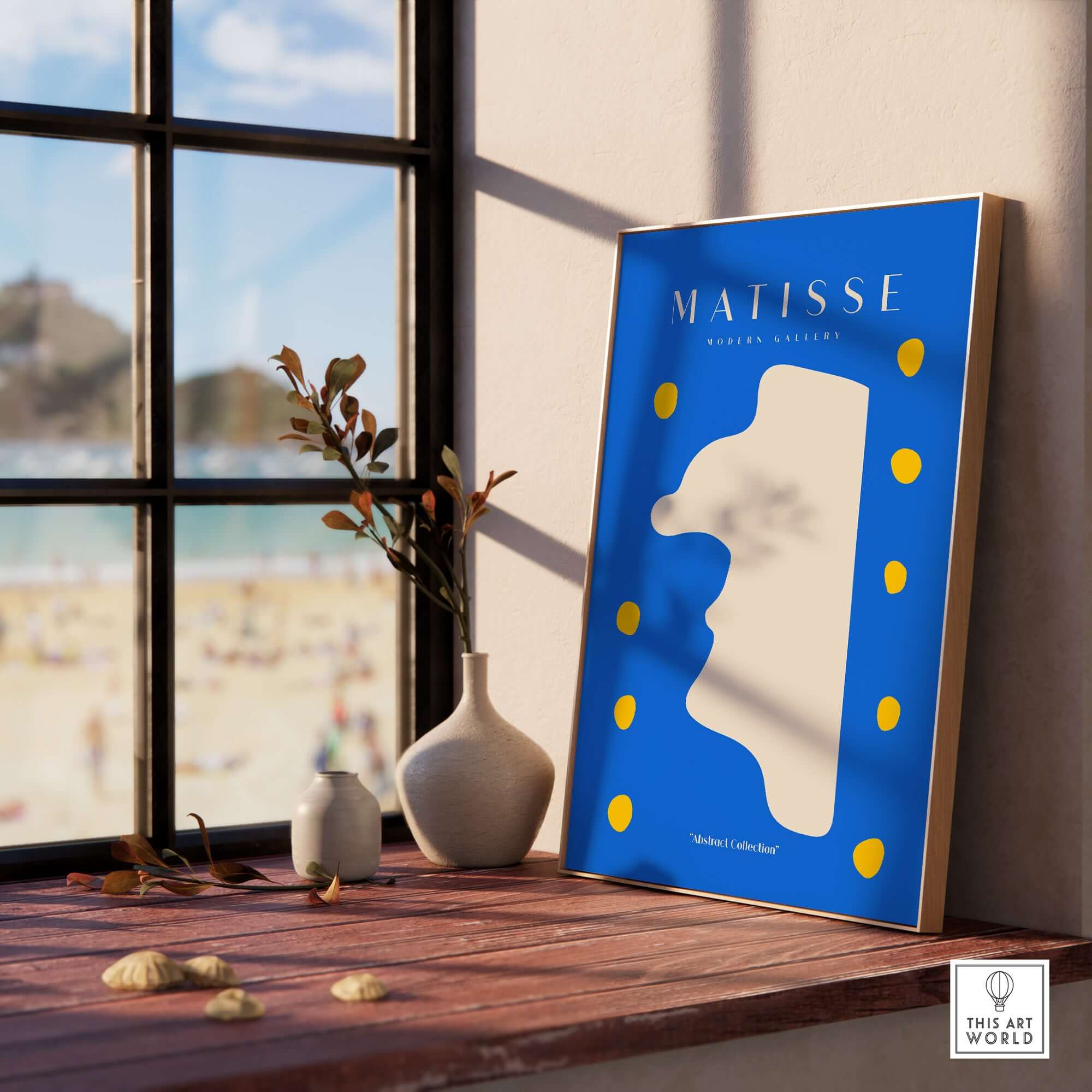 Matisse Art Prints -  Blue Abstract Profile with Yellow Dots Poster displayed on a table beside a window.