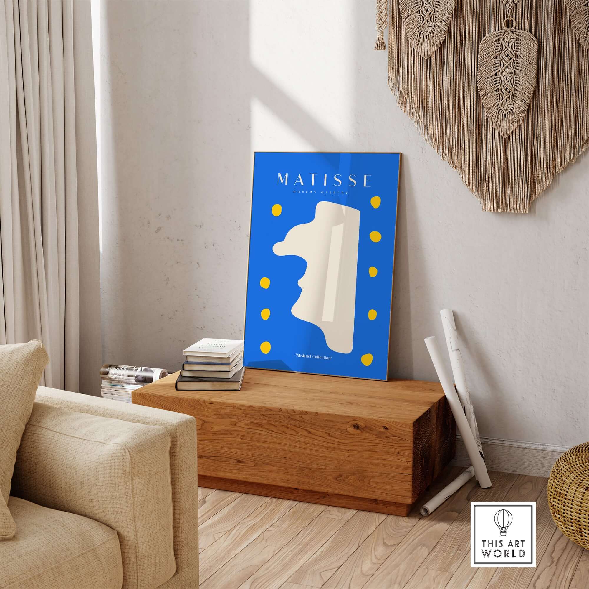 Matisse Art Prints -  Blue Abstract Profile with Yellow Dots Poster displayed on a wooden table in a cozy interior.