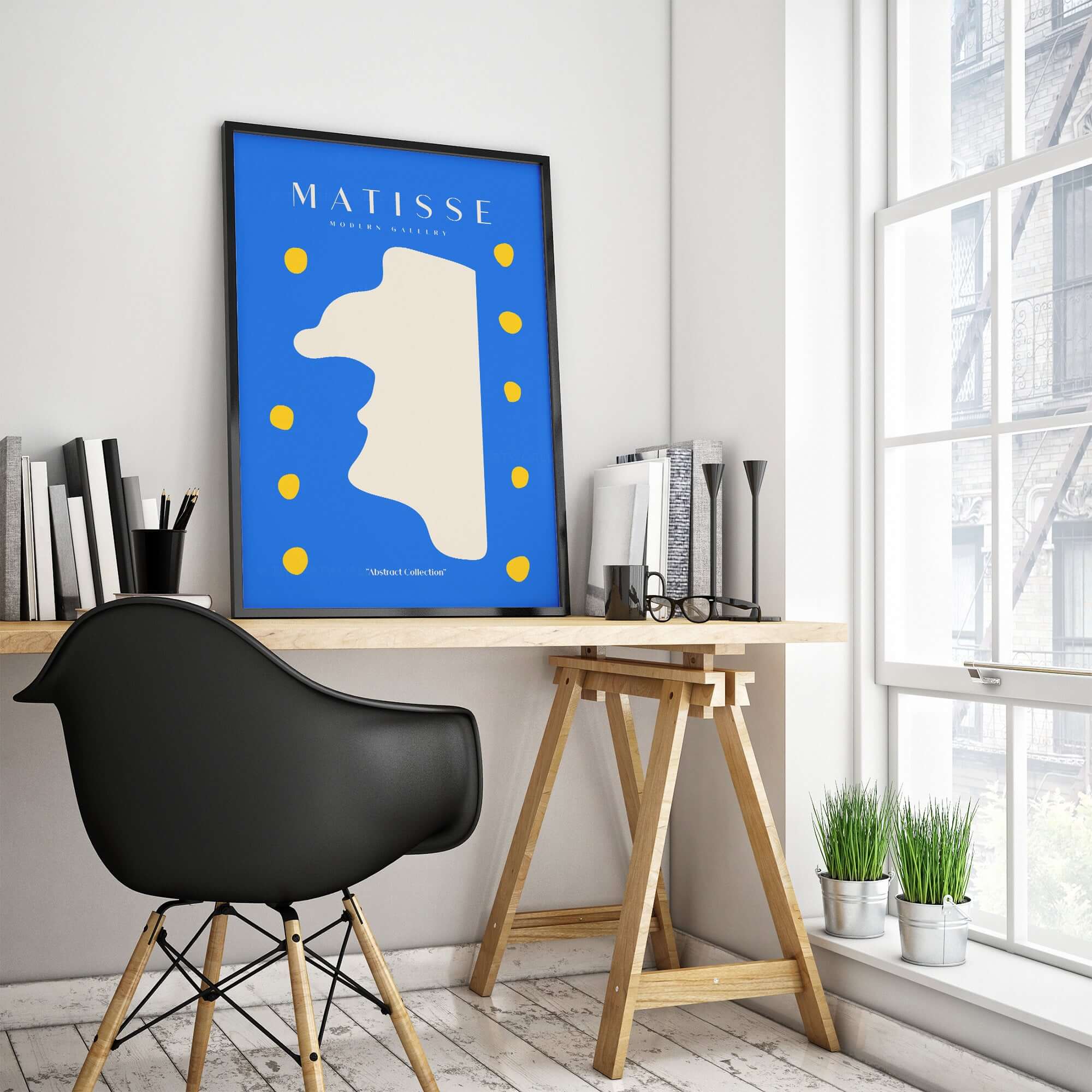 Matisse Art Prints -  Blue Abstract Profile with Yellow Dots Poster displayed in a modern workspace.