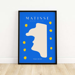 Matisse Art Prints -  Blue Abstract Profile with Yellow Dots Poster framed art print with blue background and minimalist design.