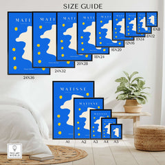 Matisse Art Prints -  Blue Abstract Profile with Yellow Dots Poster size guide showing various frame dimensions.