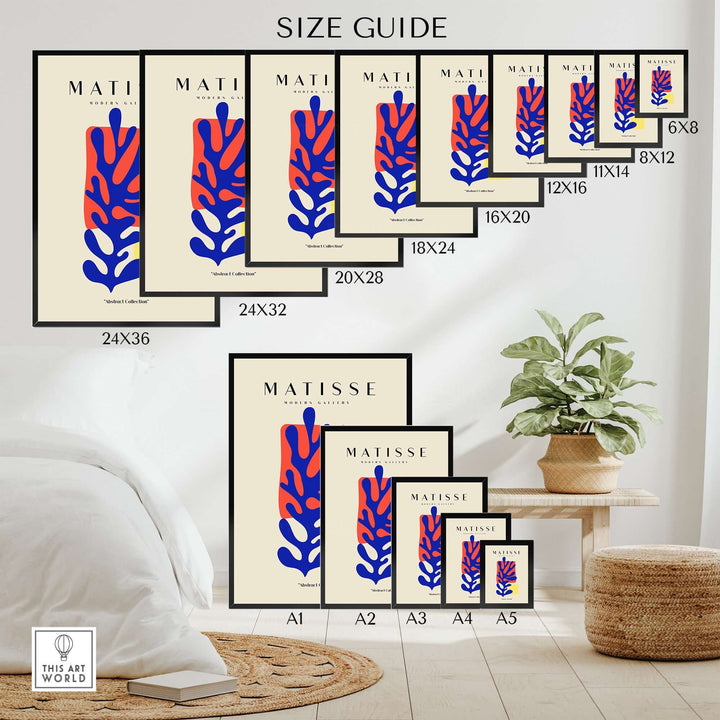 Size guide for Matisse art prints featuring blue coral abstract design in various dimensions.