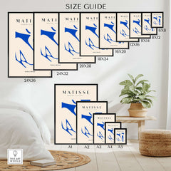 Matisse Art Prints - Blue Nude Abstract Cut Out Wall Art size guide displaying various print sizes in a home setting.