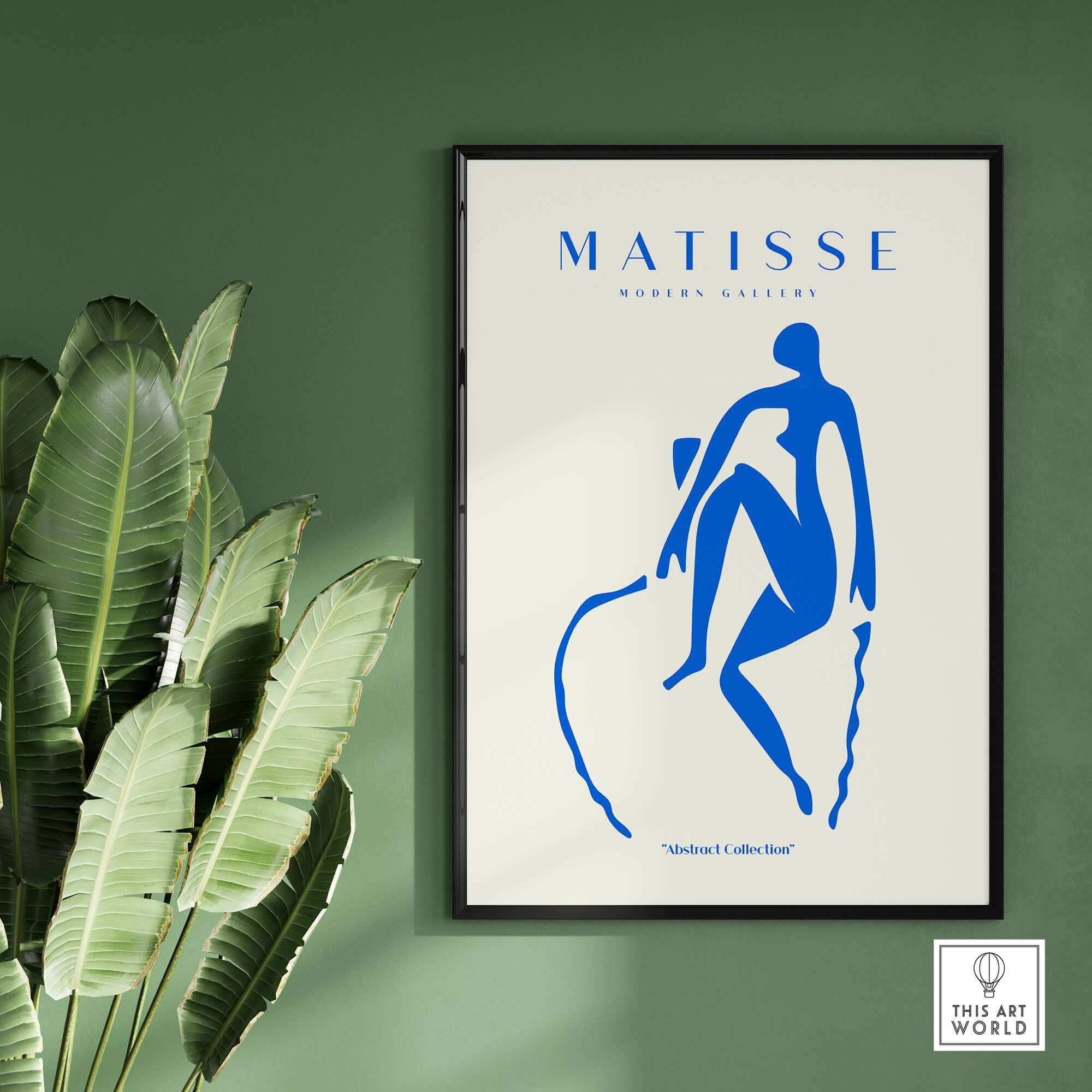 Matisse Art Prints -  Blue Nude Seated Figure Poster displayed in a modern gallery setting with greenery.