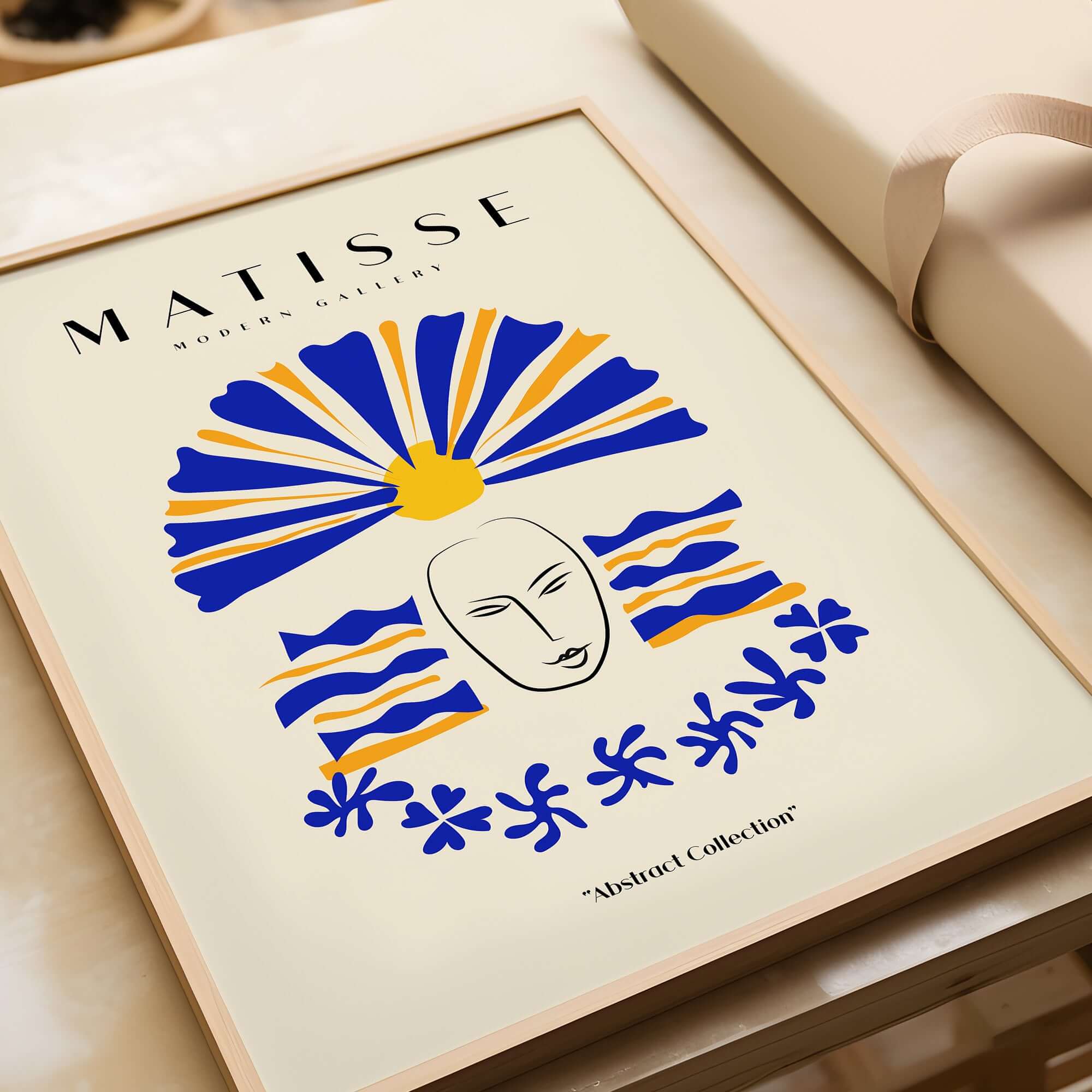 Matisse Art Prints -  Blue & Yellow Abstract Face artwork featuring a line-drawn face with bold blue and yellow elements.