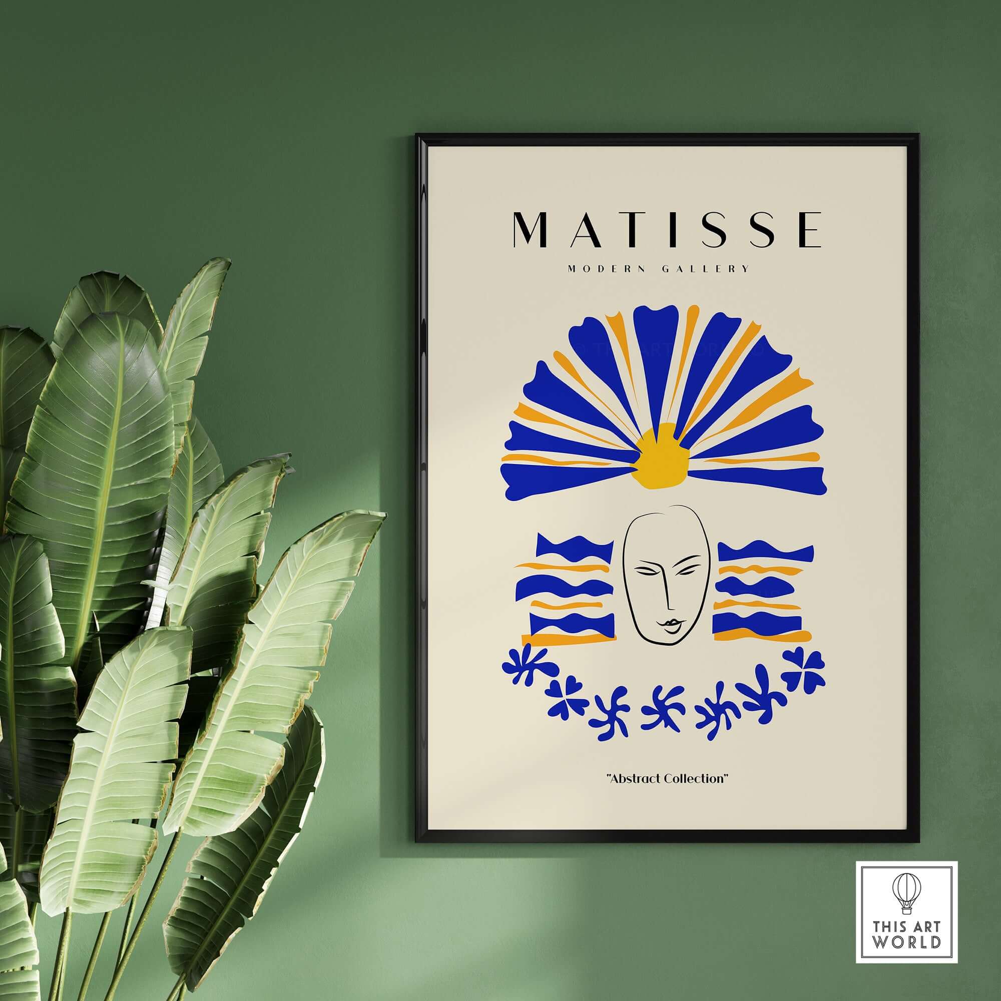 Matisse Art Prints -  Blue & Yellow Abstract Face featuring a minimalist line-drawn face and vibrant headdress.