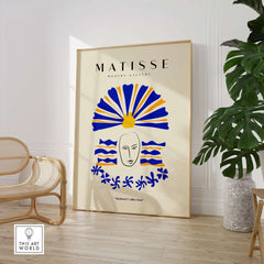 Matisse Art Prints -  Blue & Yellow Abstract Face wall art featuring a minimalist line-drawn face and vibrant colors.