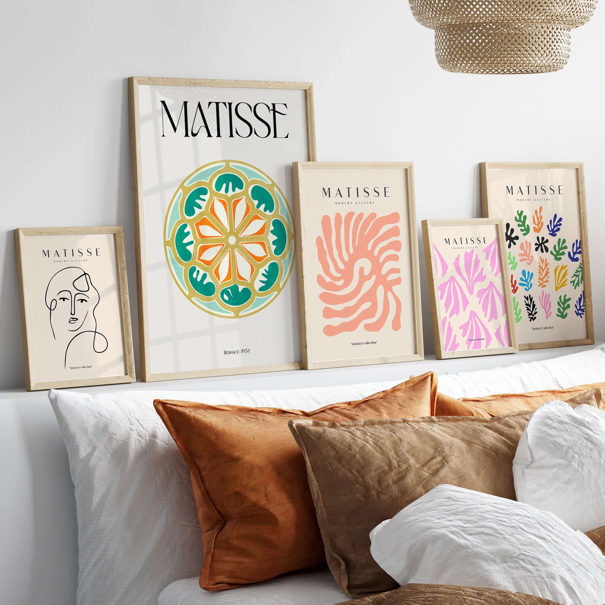 Matisse Art Print Rosace 1954 Rose Window Geometric Art Print displayed on a wall with decorative pillows.