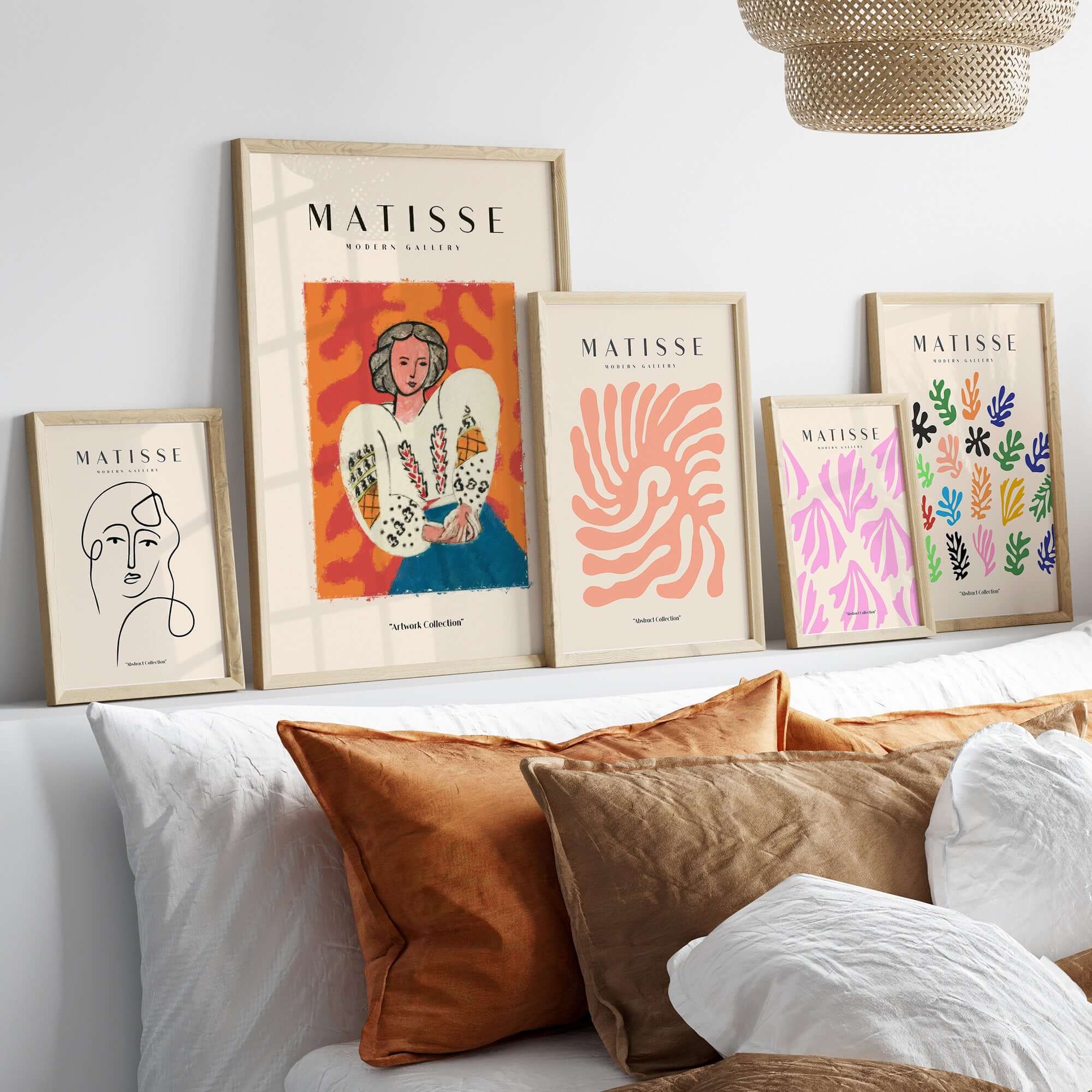 Matisse Art Prints - Woman White Blouse Blue Skirt Portrait Poster displayed on a wall with decorative pillows.