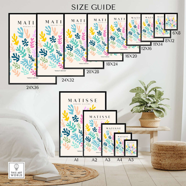 Size guide for Matisse art prints with colorful botanical designs in various frame sizes.