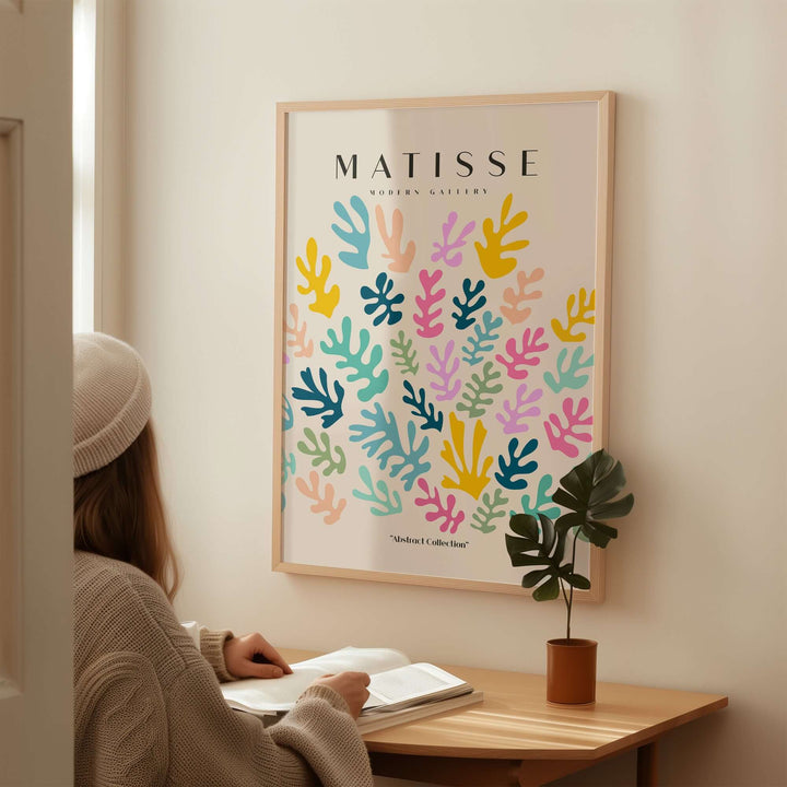 Colorful abstract botanical scatter poster inspired by Matisse, featuring vibrant shapes on a neutral background.