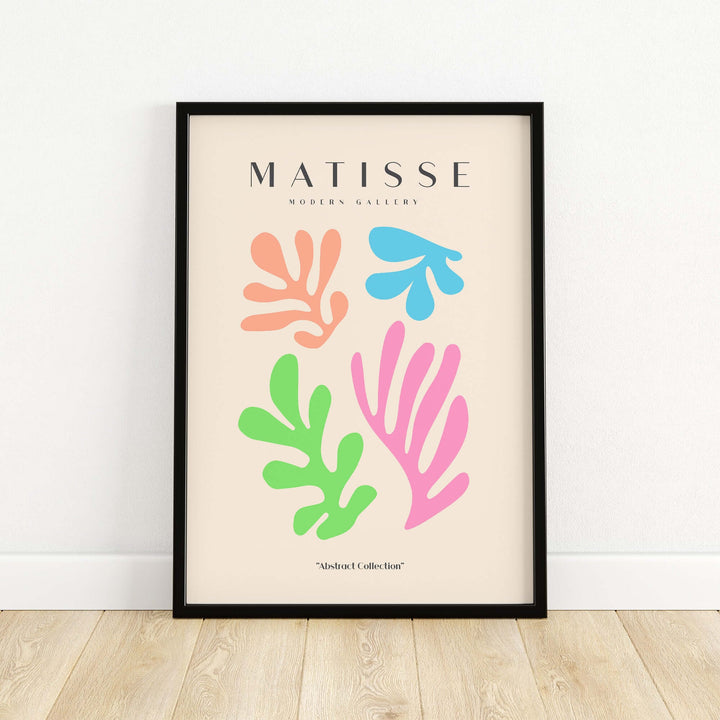 Matisse art print featuring colorful abstract cut-outs in orange, blue, green, and pink on a beige background.
