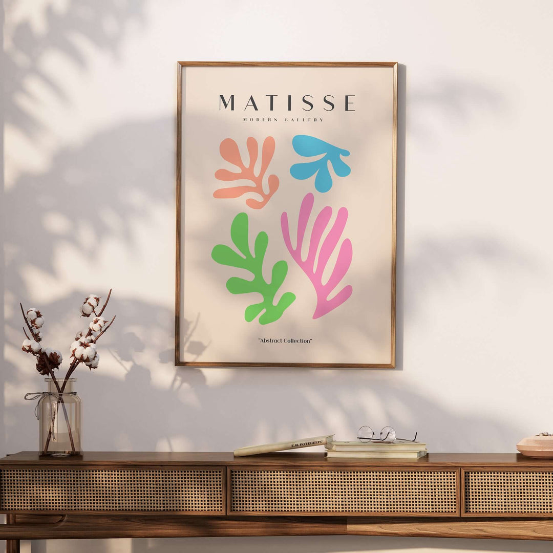 Matisse art print featuring colorful abstract cut-outs in orange, blue, pink, and green on a beige background.