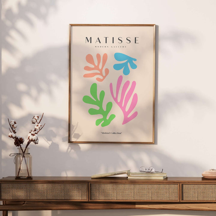 Matisse art print featuring colorful abstract cut-outs in orange, blue, pink, and green on a beige background.