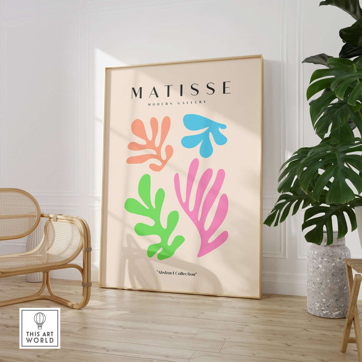 Matisse-inspired colorful abstract cut-outs wall art print in a modern interior setting.