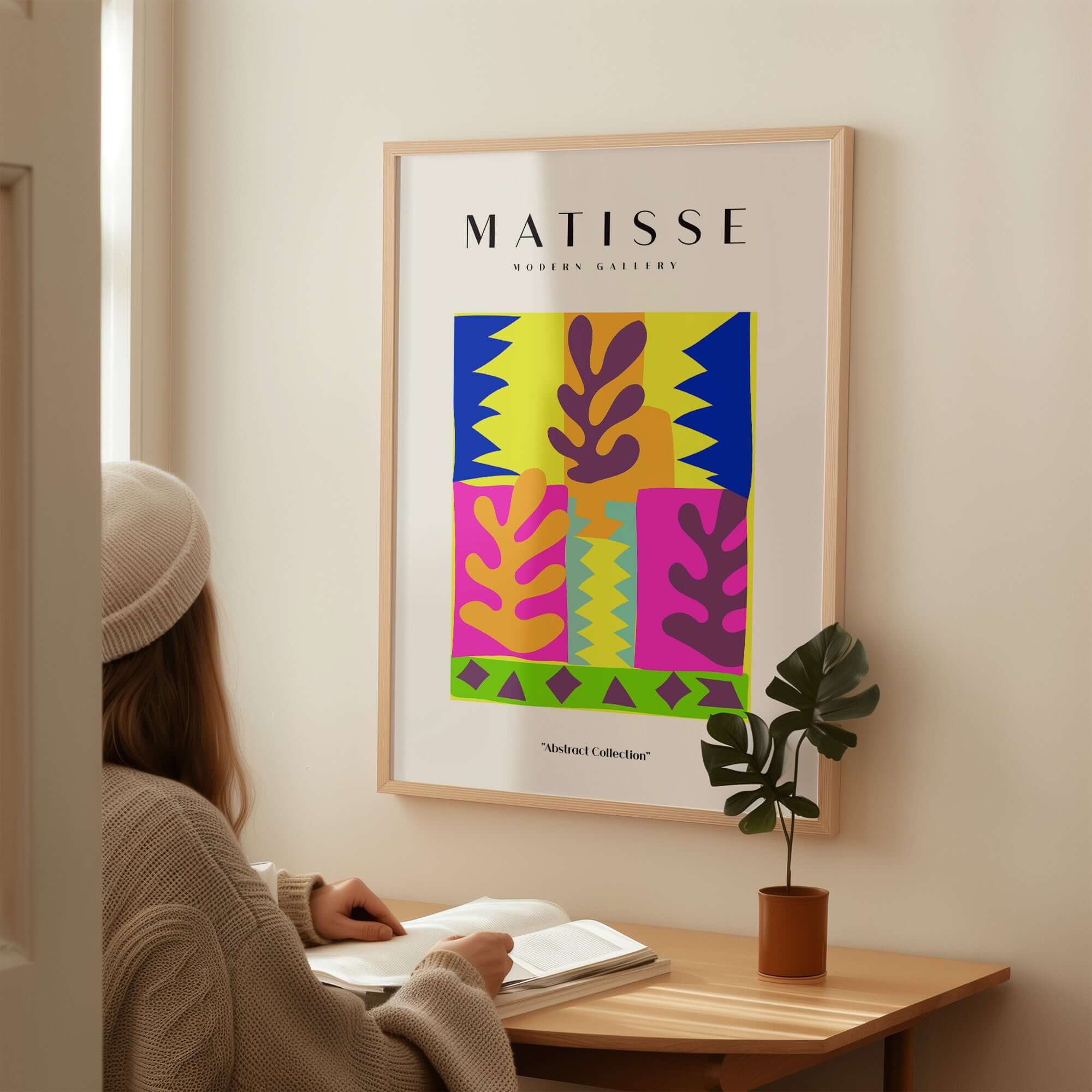 Matisse Art Prints - Colorful Abstract Leaves Blocks Wall Art displayed in a modern gallery setting with vibrant colors.