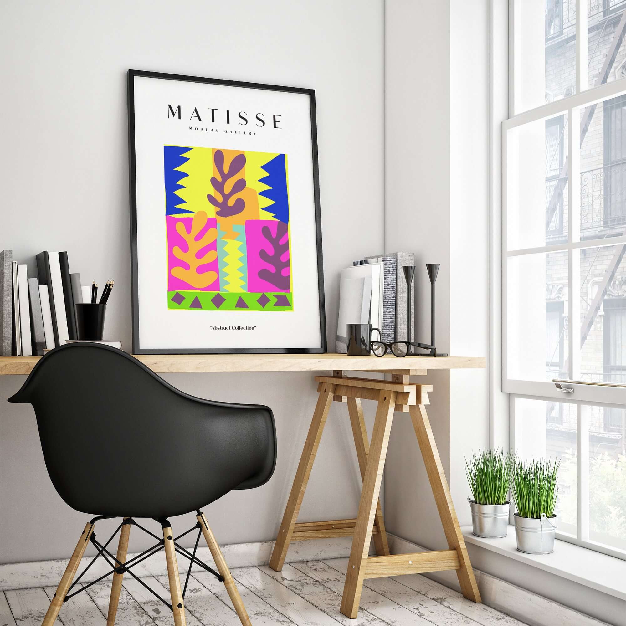 Matisse Art Prints - Colorful Abstract Leaves Blocks Wall Art displayed in a modern workspace with a stylish chair.