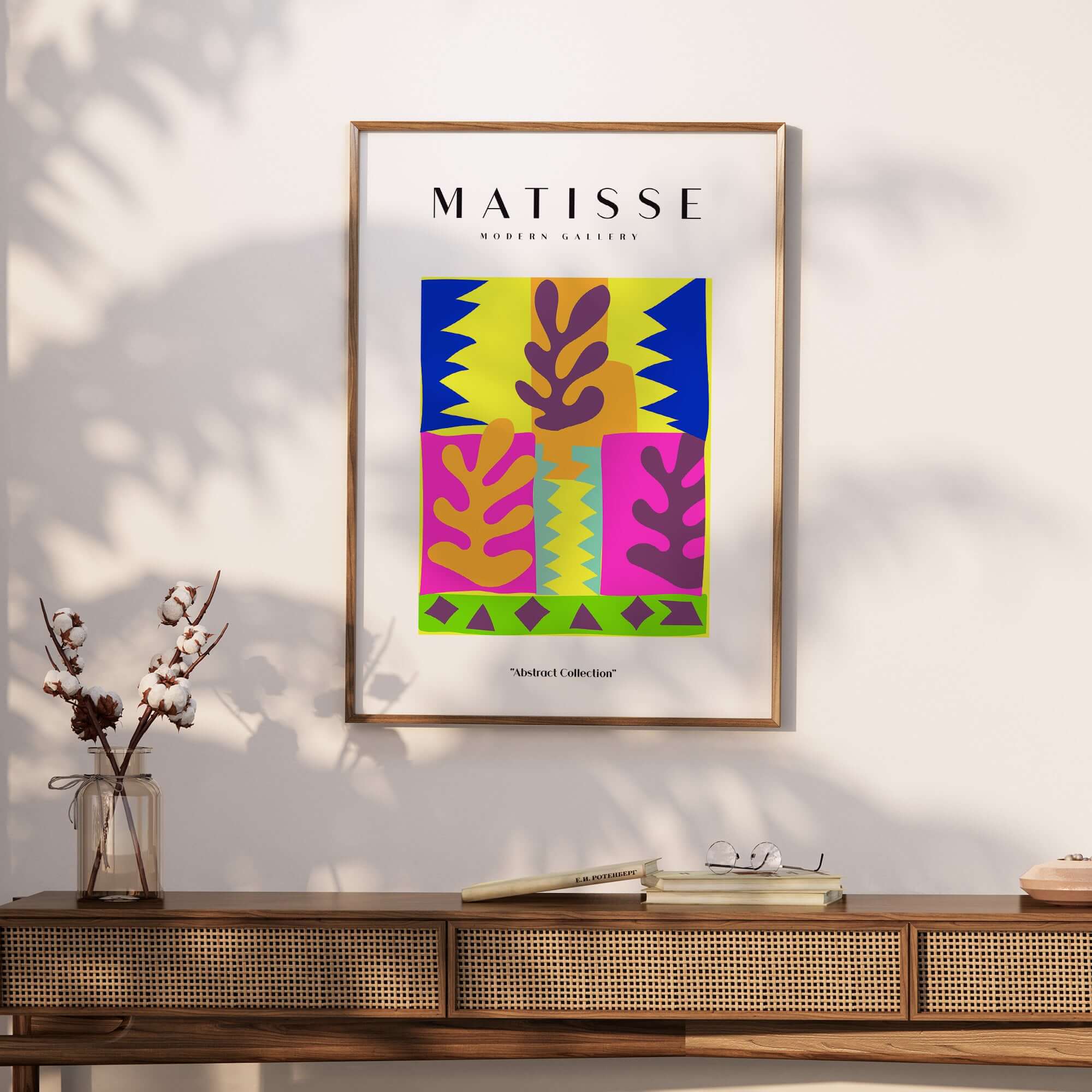 Matisse Art Prints - Colorful Abstract Leaves Blocks Wall Art in a modern frame showcasing vibrant colors.